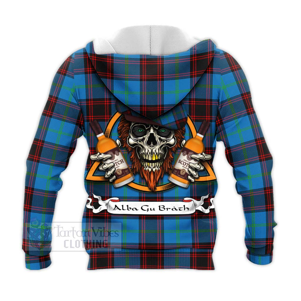 Tartan Vibes Clothing Wedderburn Tartan Knitted Hoodie with Family Crest and Bearded Skull Holding Bottles of Whiskey