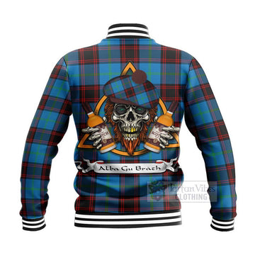 Wedderburn Tartan Baseball Jacket with Family Crest and Bearded Skull Holding Bottles of Whiskey