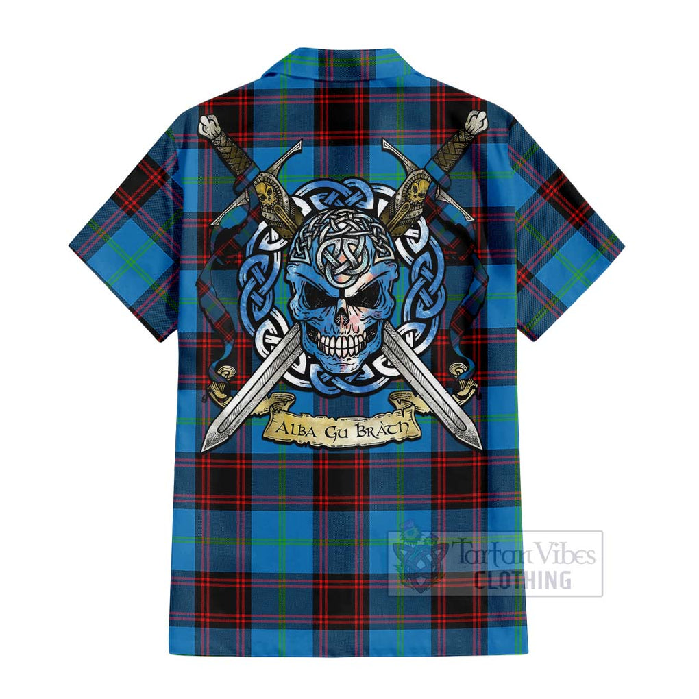 Tartan Vibes Clothing Wedderburn Tartan Short Sleeve Button Shirt with Family Crest Celtic Skull Style