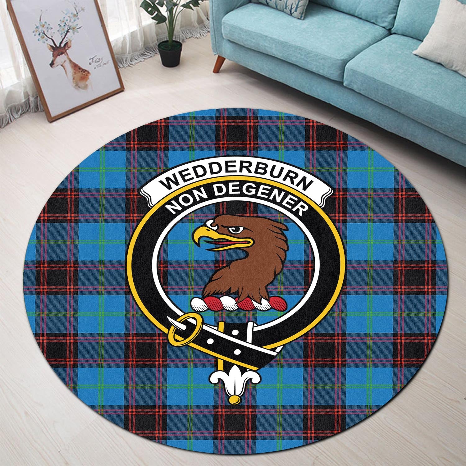 wedderburn-tartan-round-rug-with-family-crest