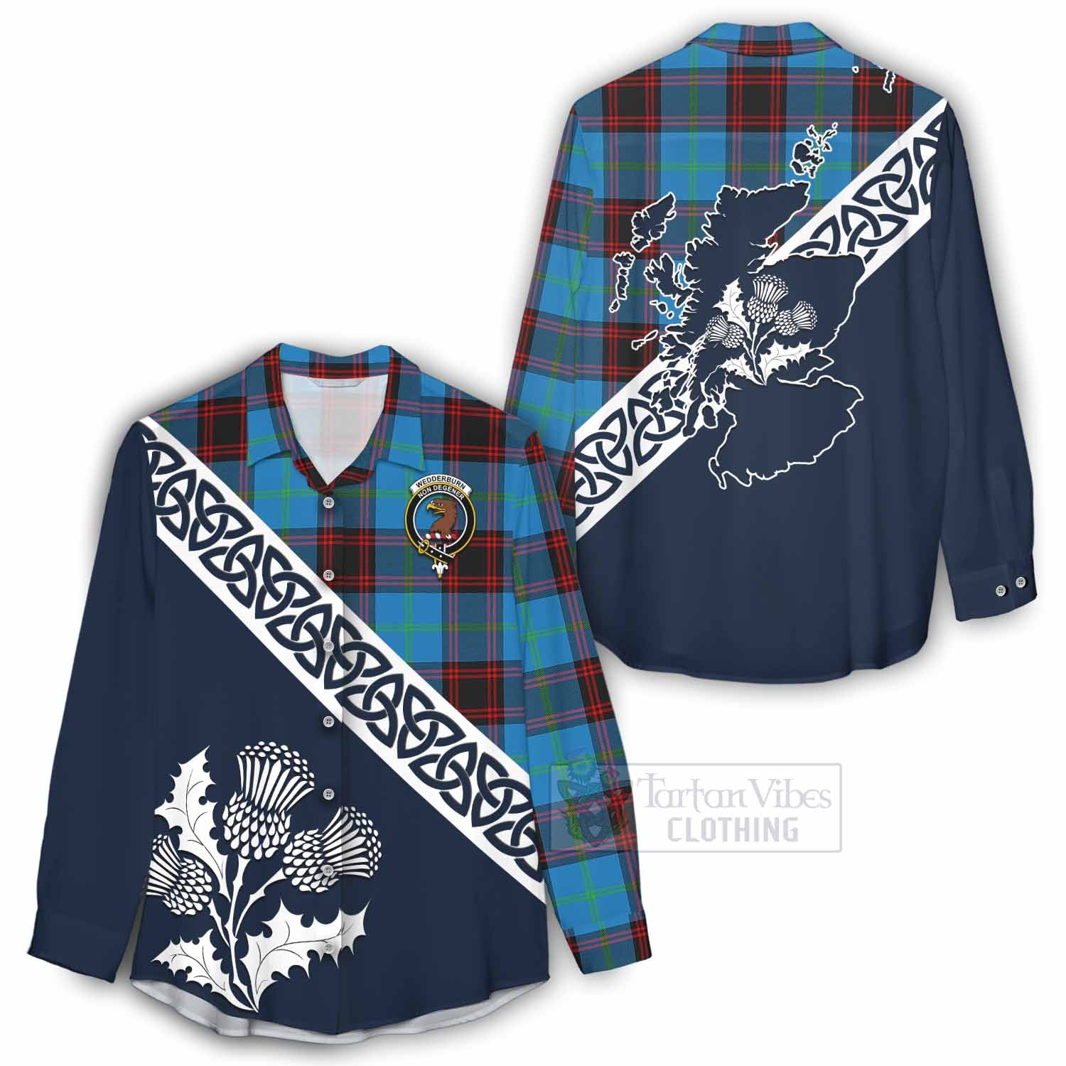 Tartan Vibes Clothing Wedderburn Tartan Women's Casual Shirt Featuring Thistle and Scotland Map