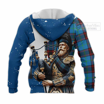 Wedderburn Tartan Knitted Hoodie with Family Crest Scottish Bagpiper Vibes