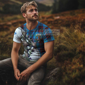 Wedderburn Tartan T-Shirt with Family Crest and St. Andrew's Cross Accented by Thistle Vines