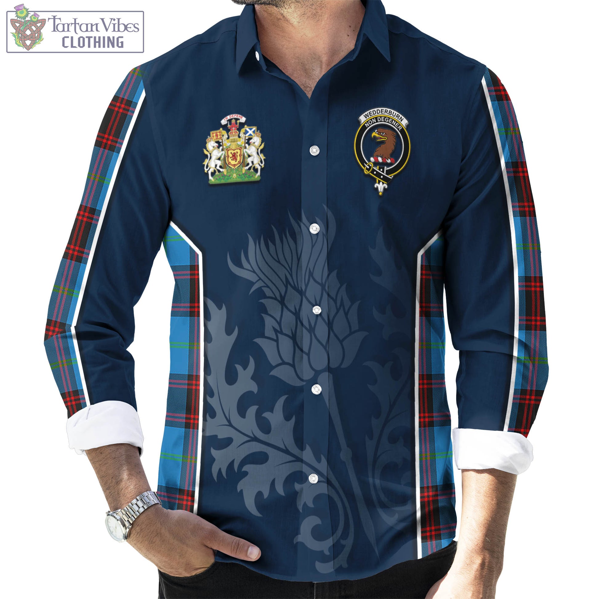 Tartan Vibes Clothing Wedderburn Tartan Long Sleeve Button Up Shirt with Family Crest and Scottish Thistle Vibes Sport Style