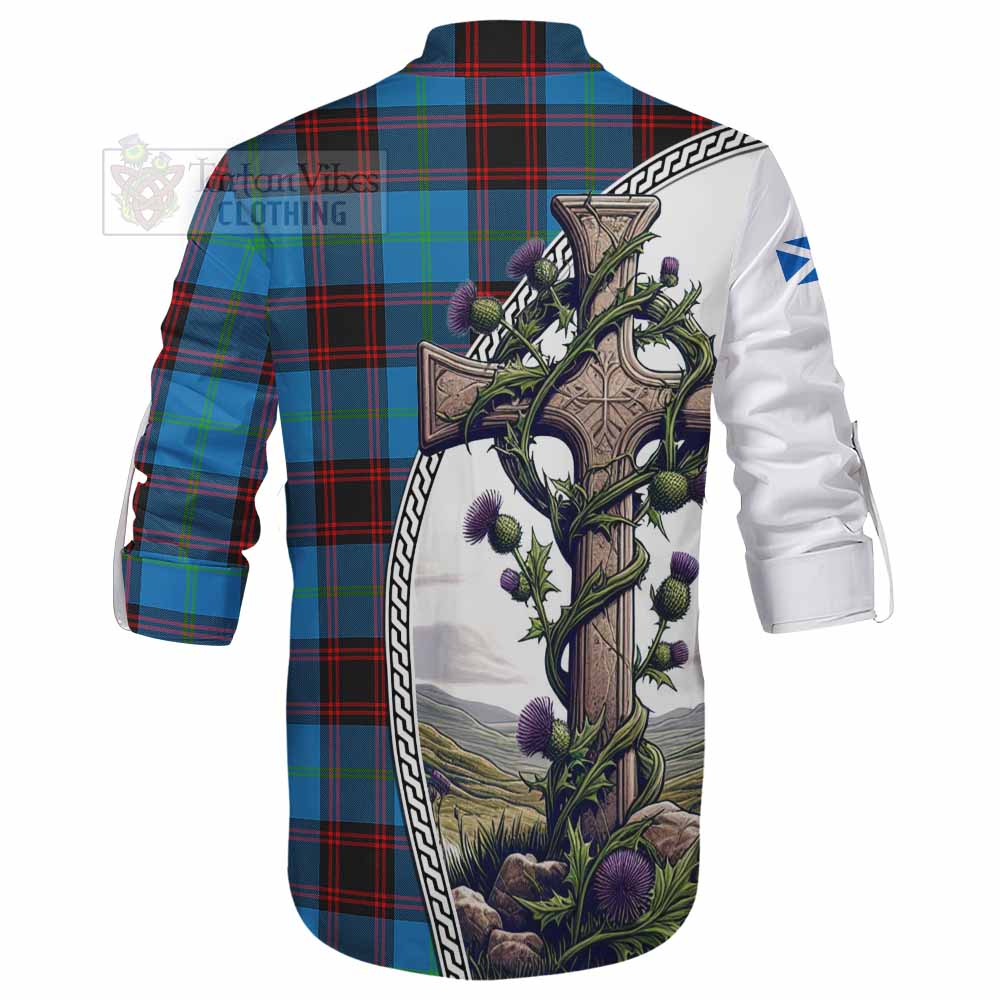 Tartan Vibes Clothing Wedderburn Tartan Ghillie Kilt Shirt with Family Crest and St. Andrew's Cross Accented by Thistle Vines