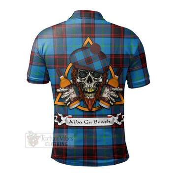 Wedderburn Tartan Polo Shirt with Family Crest and Bearded Skull Holding Bottles of Whiskey