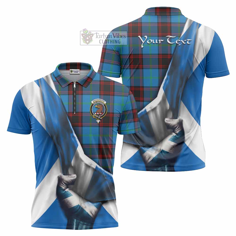 Tartan Vibes Clothing Wedderburn Tartan Zipper Polo Shirt with Family Crest Scotland Patriotic Style