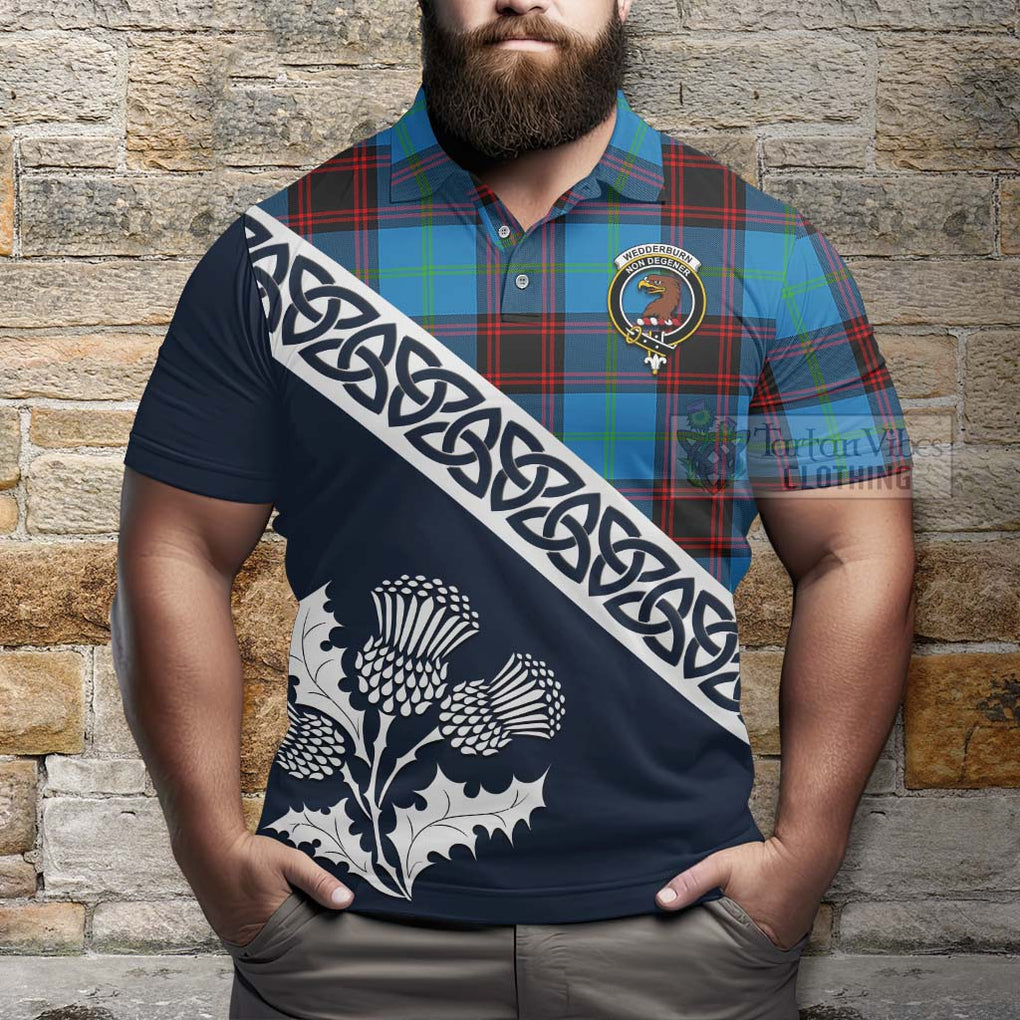 Wedderburn Tartan Polo Shirt Featuring Thistle and Scotland Map