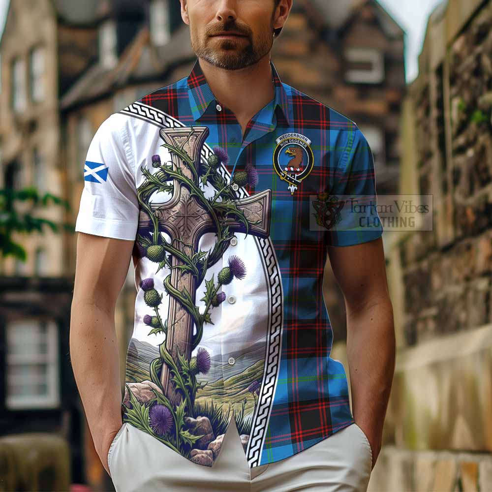 Tartan Vibes Clothing Wedderburn Tartan Short Sleeve Button Shirt with Family Crest and St. Andrew's Cross Accented by Thistle Vines