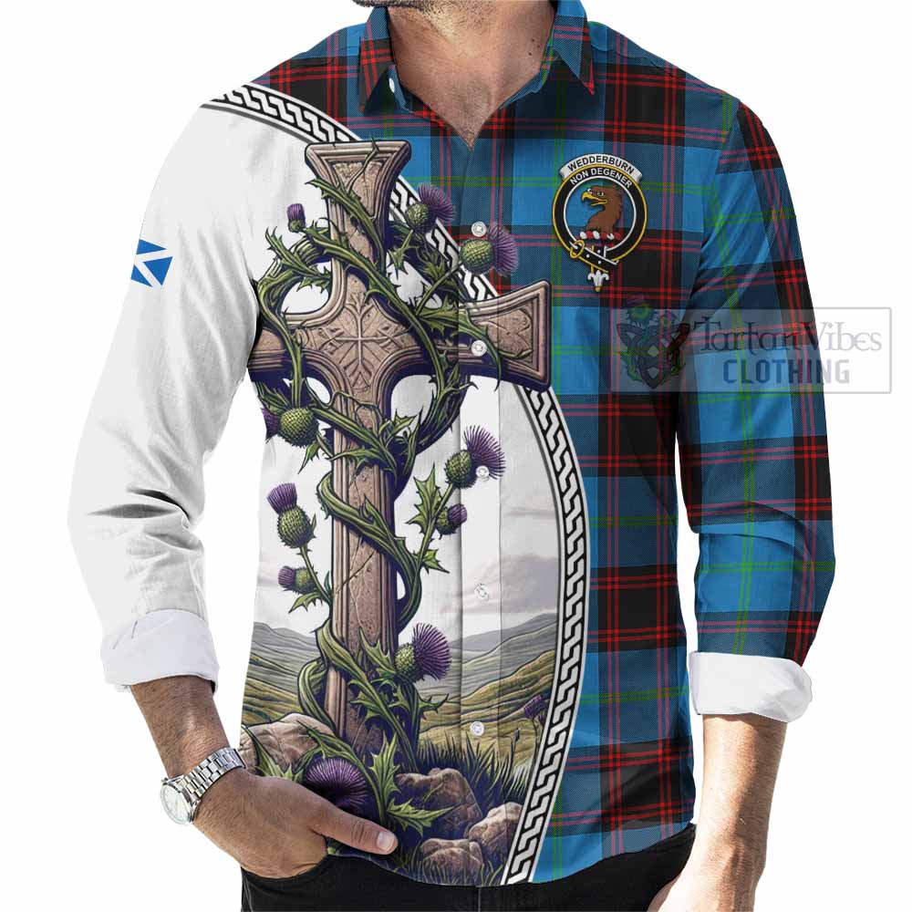 Tartan Vibes Clothing Wedderburn Tartan Long Sleeve Button Shirt with Family Crest and St. Andrew's Cross Accented by Thistle Vines