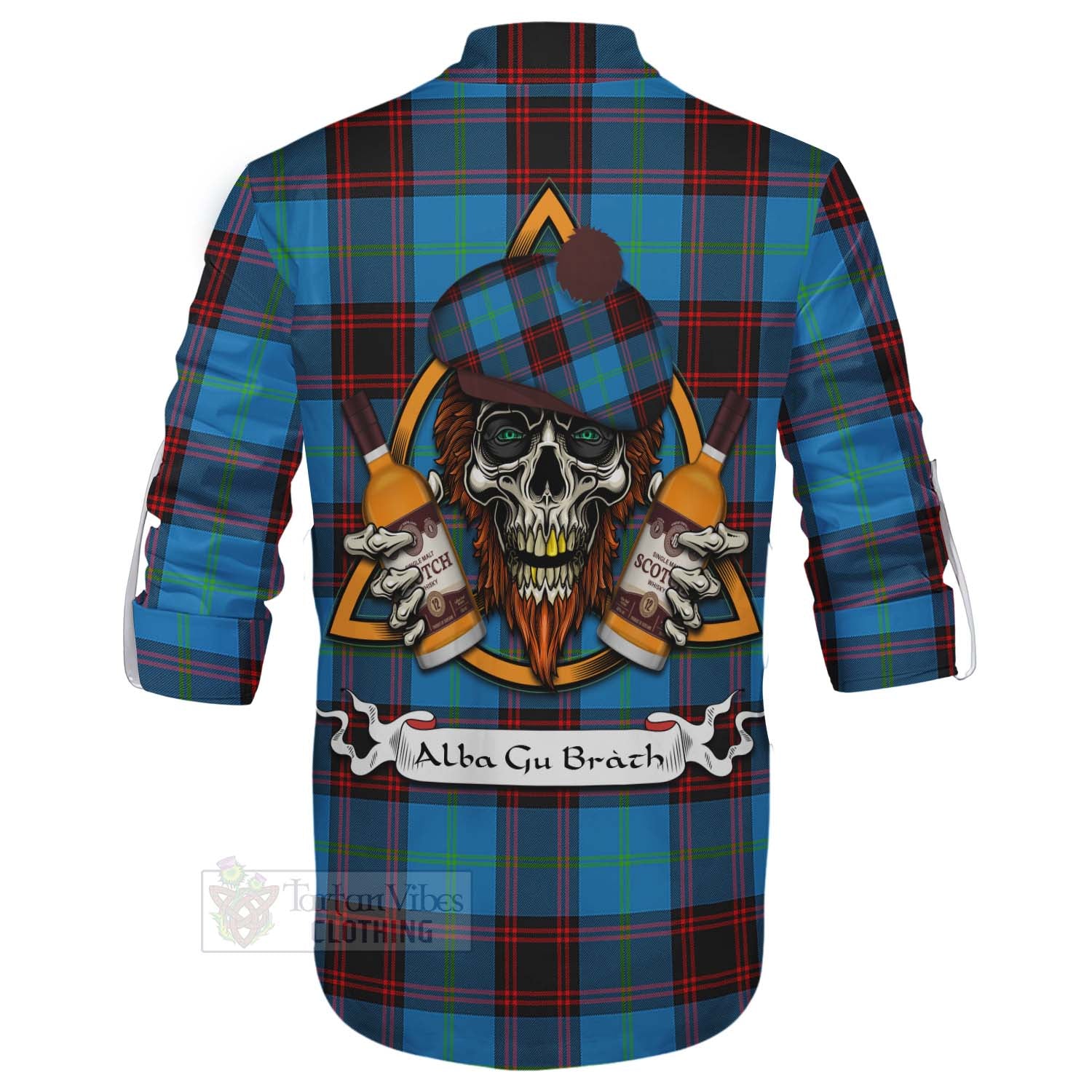 Tartan Vibes Clothing Wedderburn Tartan Ghillie Kilt Shirt with Family Crest and Bearded Skull Holding Bottles of Whiskey