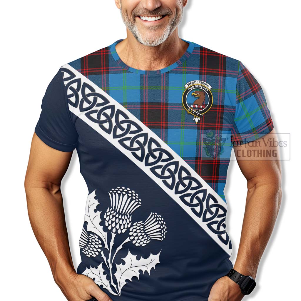 Wedderburn Tartan T-Shirt Featuring Thistle and Scotland Map