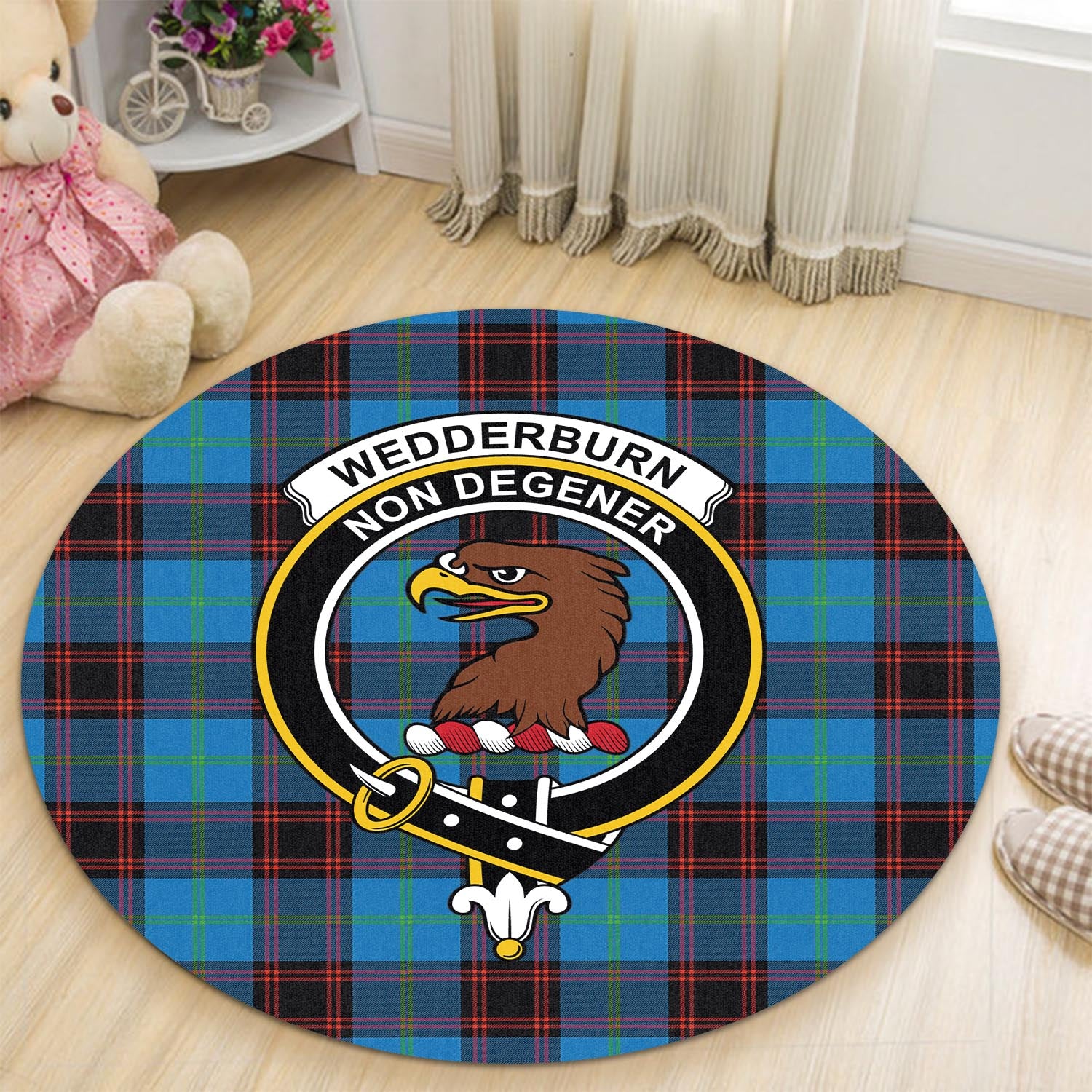 wedderburn-tartan-round-rug-with-family-crest