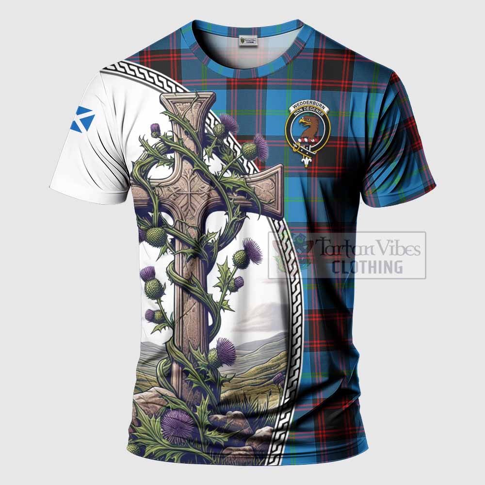 Tartan Vibes Clothing Wedderburn Agnew Tartan T-Shirt with Family Crest and St. Andrew's Cross Accented by Thistle Vines