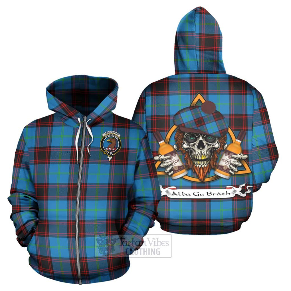 Tartan Vibes Clothing Wedderburn Tartan Hoodie with Family Crest and Bearded Skull Holding Bottles of Whiskey