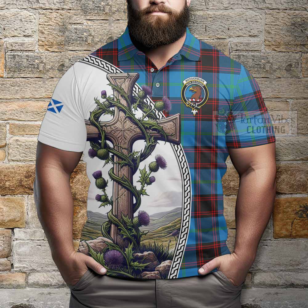 Tartan Vibes Clothing Wedderburn Tartan Polo Shirt with Family Crest and St. Andrew's Cross Accented by Thistle Vines