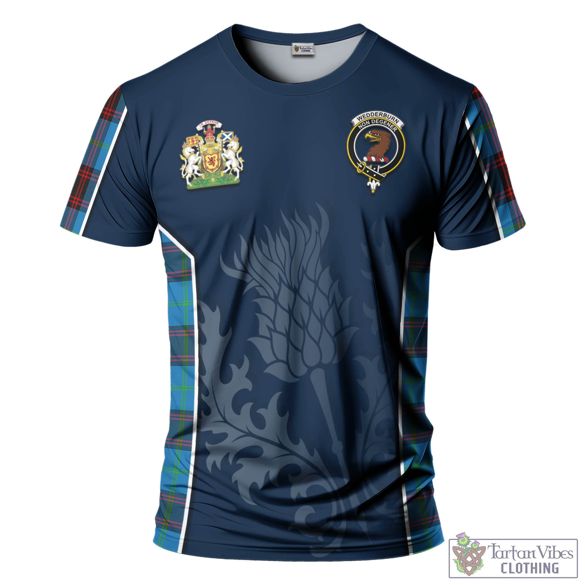 Tartan Vibes Clothing Wedderburn Tartan T-Shirt with Family Crest and Scottish Thistle Vibes Sport Style