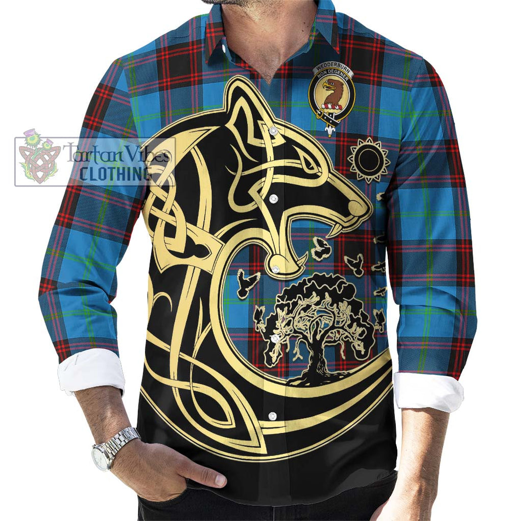 Wedderburn Tartan Long Sleeve Button Shirt with Family Crest Celtic Wolf Style - Tartan Vibes Clothing