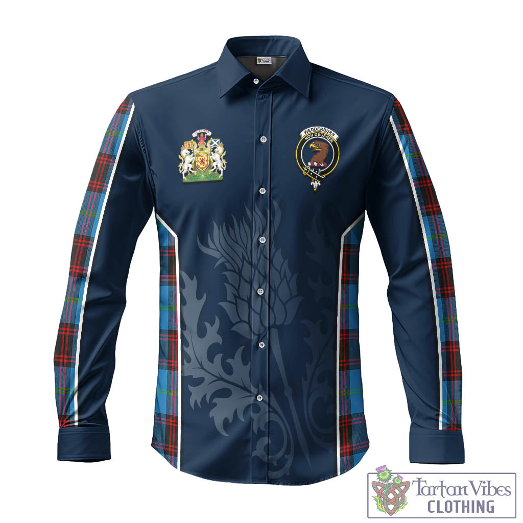 Tartan Vibes Clothing Wedderburn Tartan Long Sleeve Button Up Shirt with Family Crest and Scottish Thistle Vibes Sport Style