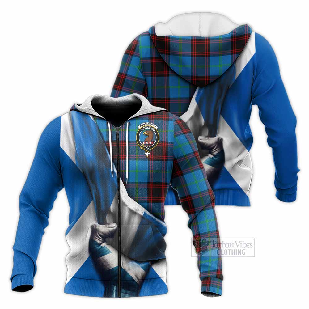 Tartan Vibes Clothing Wedderburn Tartan Knitted Hoodie with Family Crest Scotland Patriotic Style