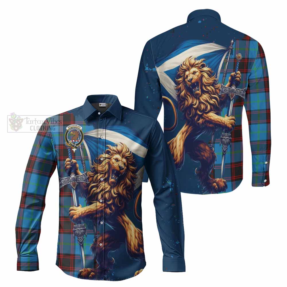 Tartan Vibes Clothing Wedderburn Tartan Family Crest Long Sleeve Button Shirt with Scottish Majestic Lion