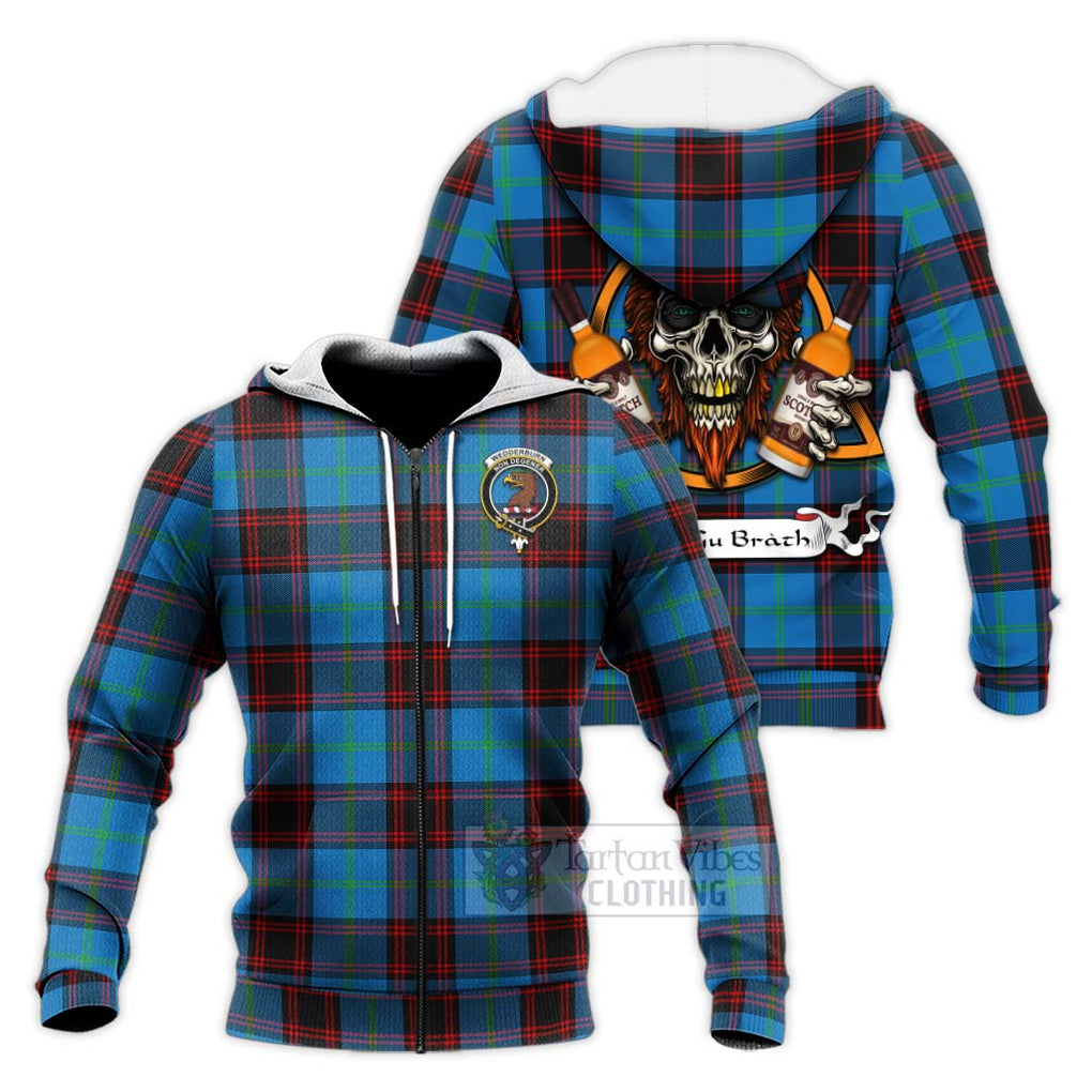 Tartan Vibes Clothing Wedderburn Tartan Knitted Hoodie with Family Crest and Bearded Skull Holding Bottles of Whiskey