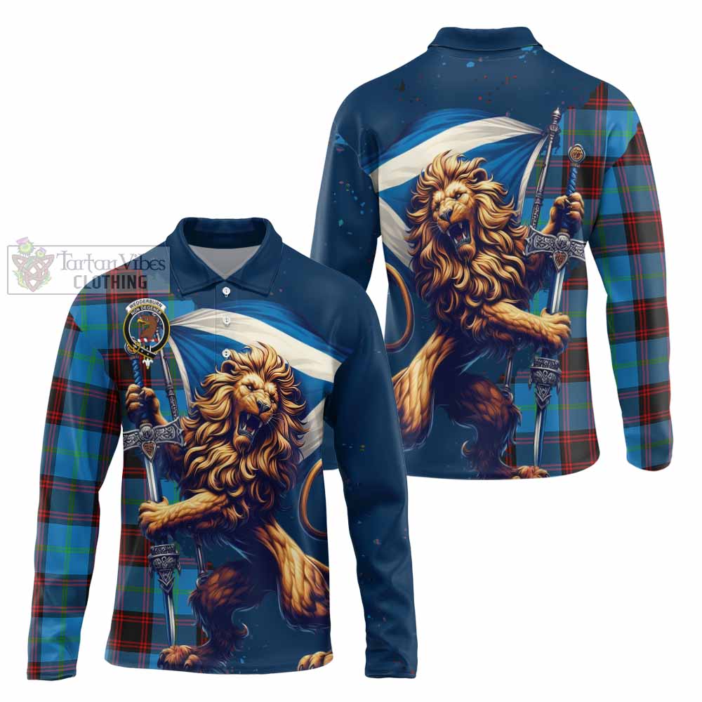 Tartan Vibes Clothing Wedderburn Tartan Family Crest Long Sleeve Polo Shirt with Scottish Majestic Lion