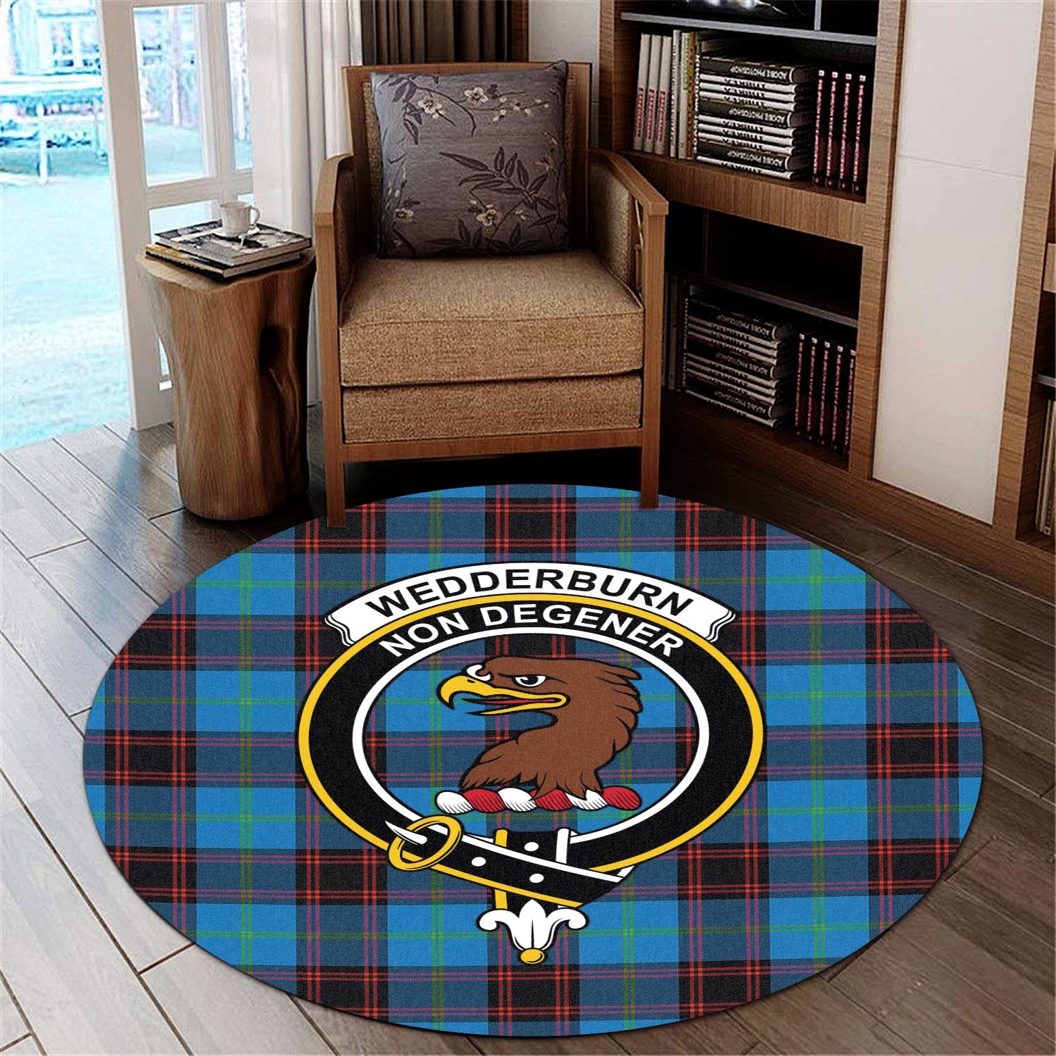 wedderburn-tartan-round-rug-with-family-crest