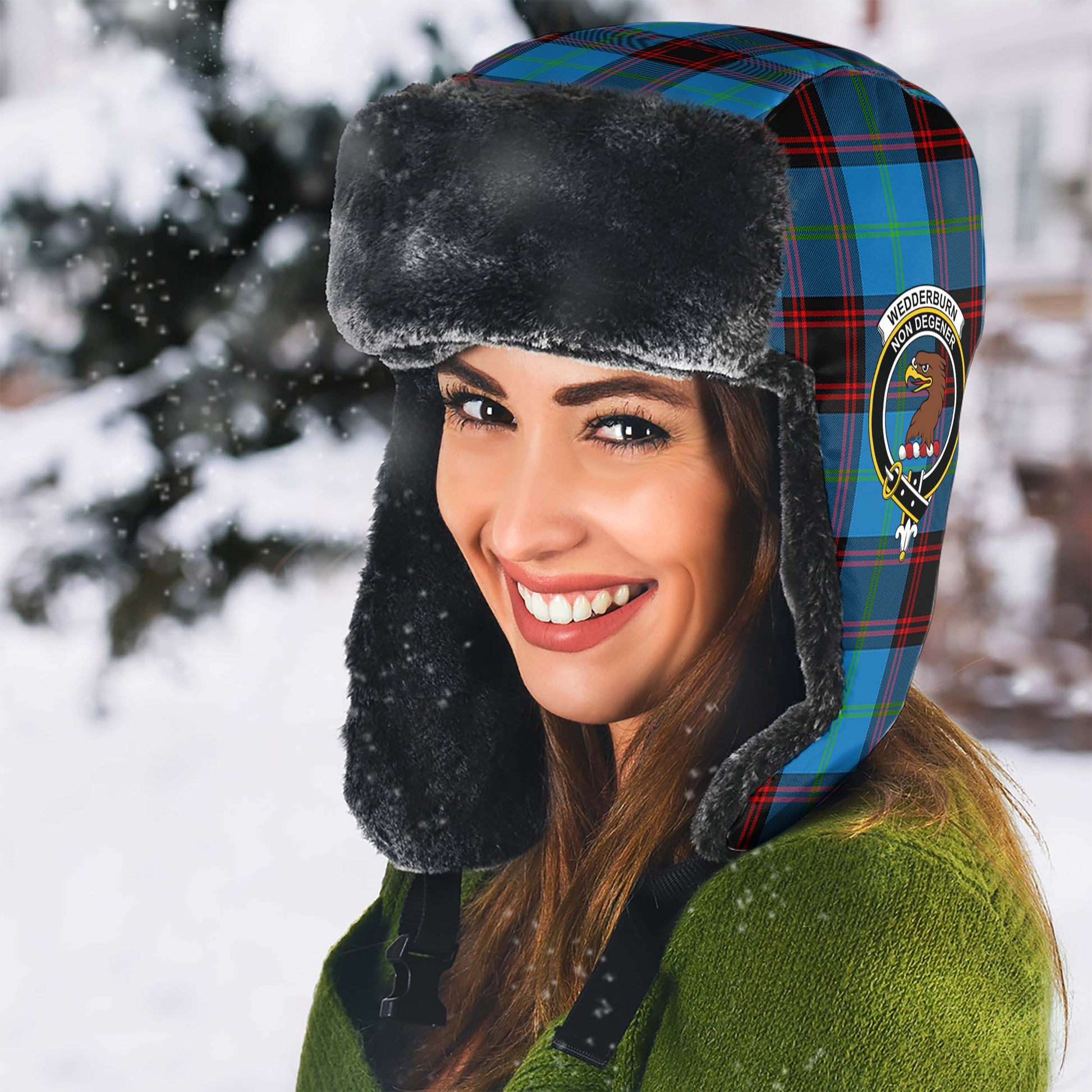 Wedderburn Tartan Winter Trapper Hat with Family Crest - Tartanvibesclothing