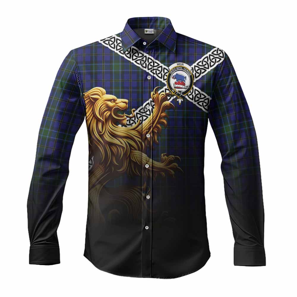 Weir Crest Tartan Long Sleeve Button Shirt with Golden Lion Emblem Celtic Style Men's Shirt S - Tartan Vibes Clothing
