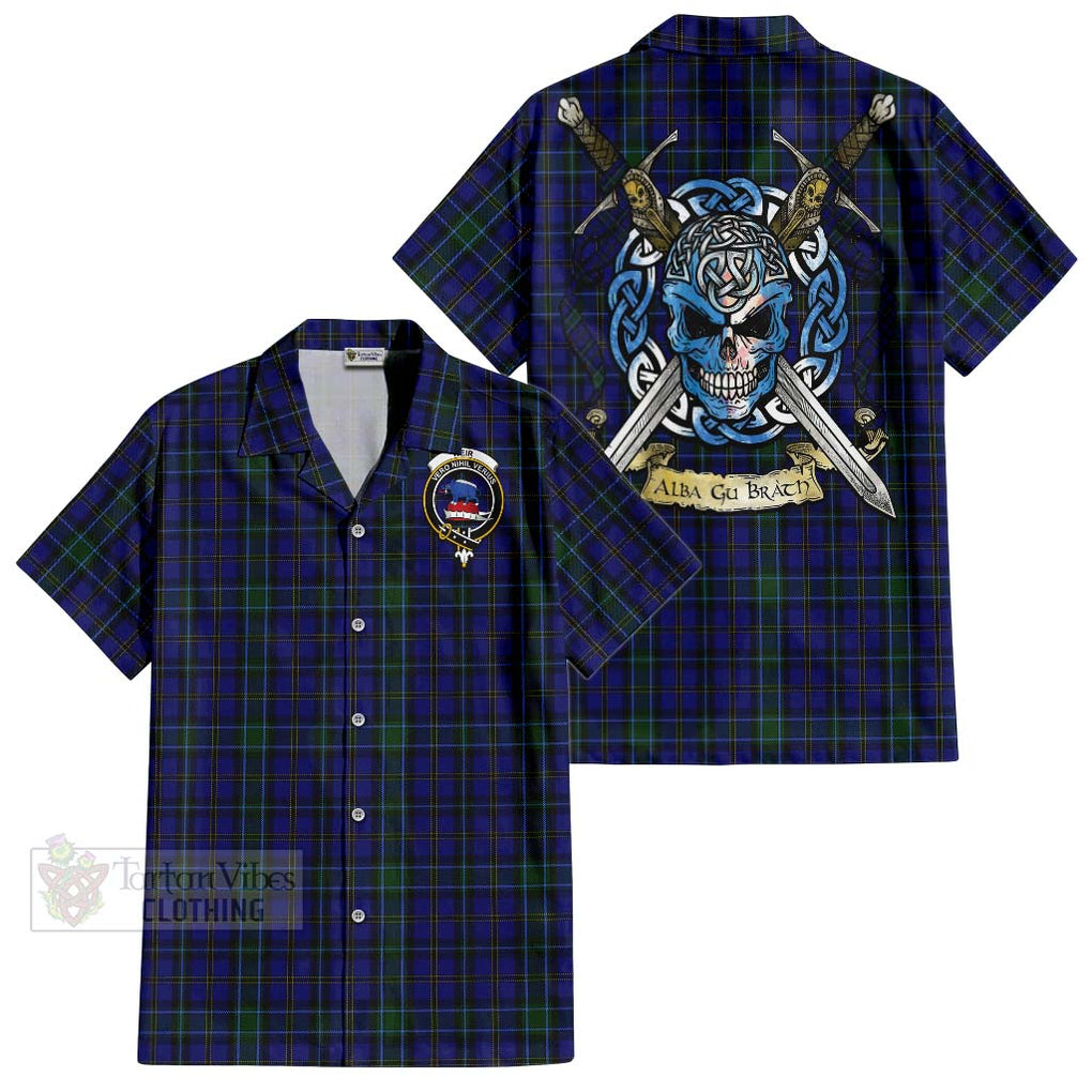 Tartan Vibes Clothing Weir Tartan Short Sleeve Button Shirt with Family Crest Celtic Skull Style