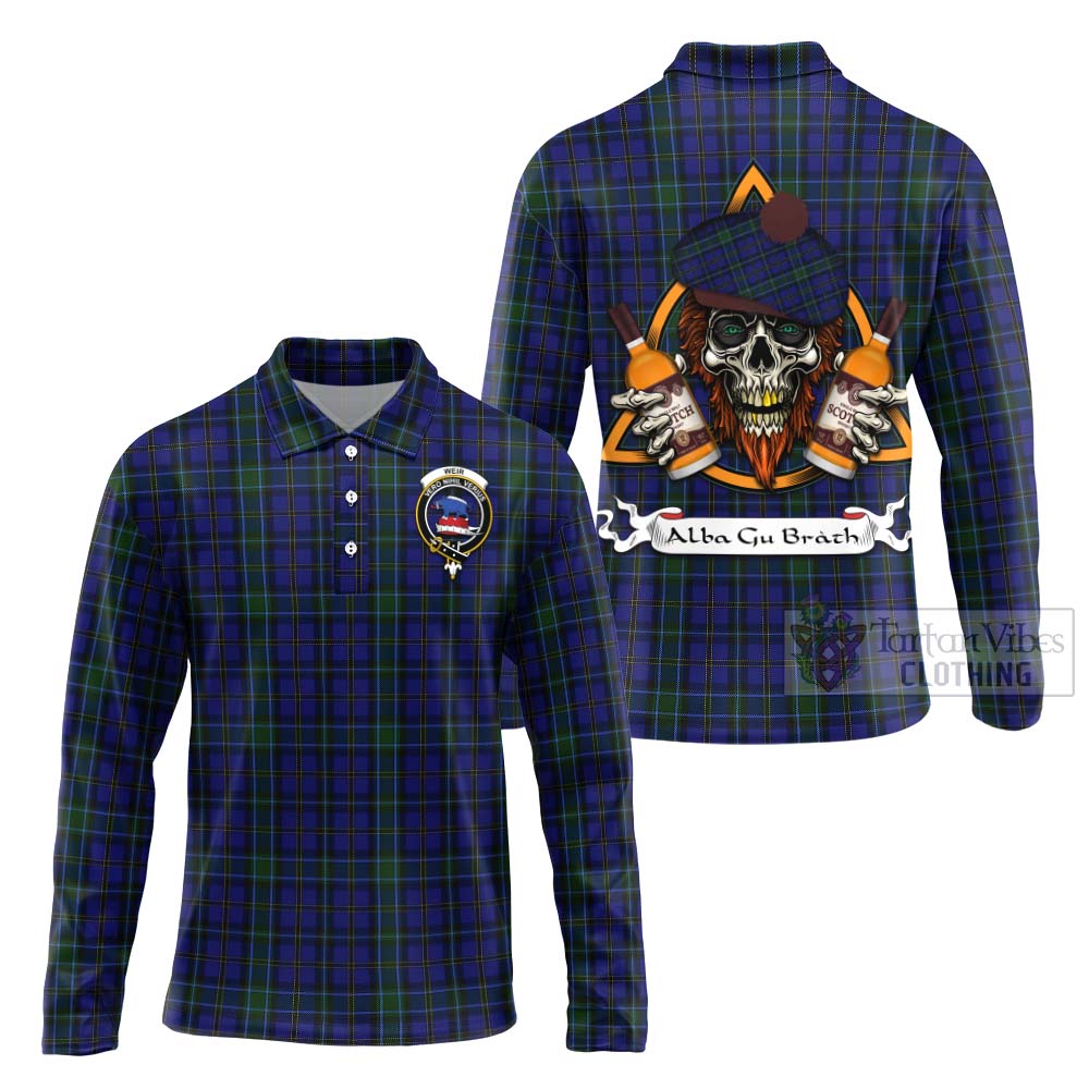 Tartan Vibes Clothing Weir Tartan Long Sleeve Polo Shirt with Family Crest and Bearded Skull Holding Bottles of Whiskey