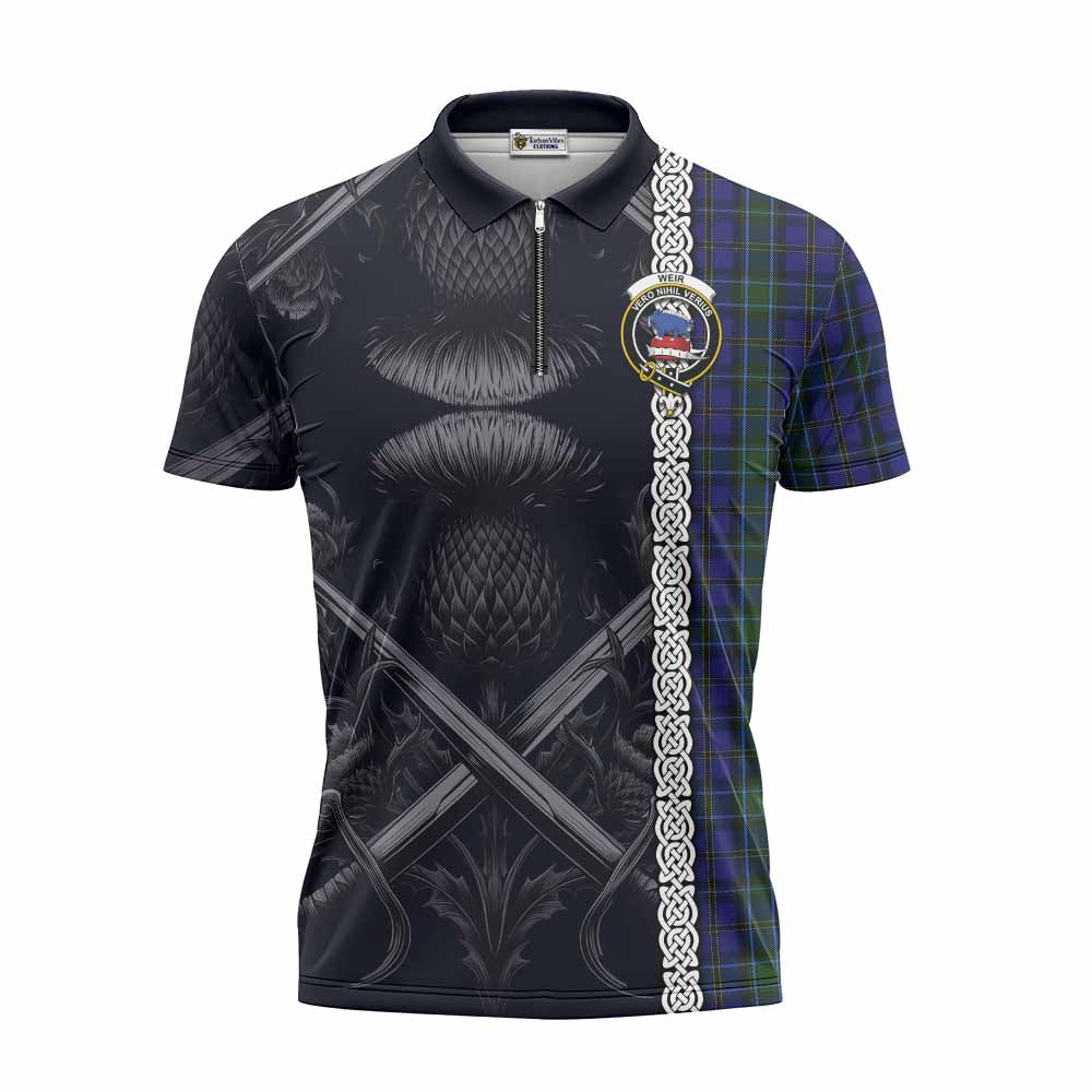 Tartan Vibes Clothing Weir Tartan Zipper Polo Shirt with Family Crest Cross Sword Thistle Celtic Vibes