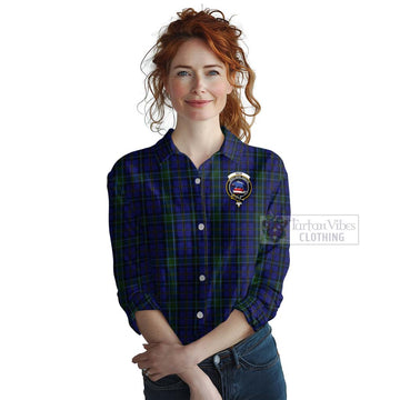 Weir Tartan Women's Casual Shirt with Family Crest and Bearded Skull Holding Bottles of Whiskey