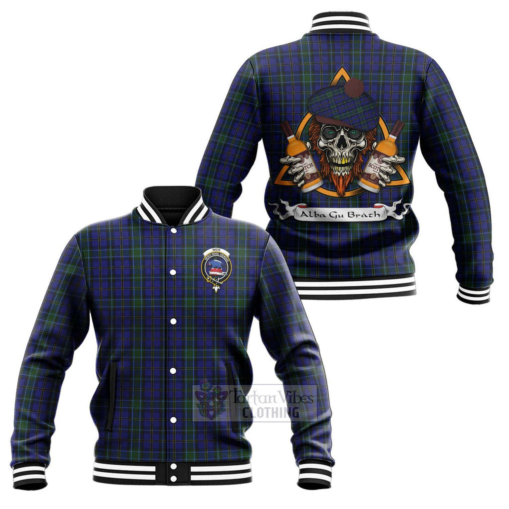 Tartan Vibes Clothing Weir Tartan Baseball Jacket with Family Crest and Bearded Skull Holding Bottles of Whiskey