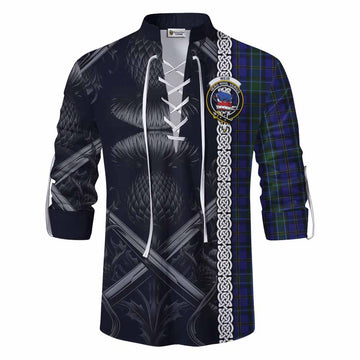 Weir Tartan Ghillie Kilt Shirt with Family Crest Cross Sword Thistle Celtic Vibes