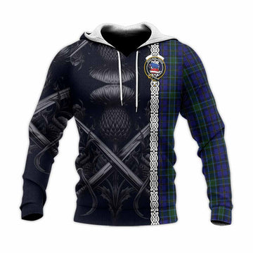 Weir Tartan Knitted Hoodie with Family Crest Cross Sword Thistle Celtic Vibes