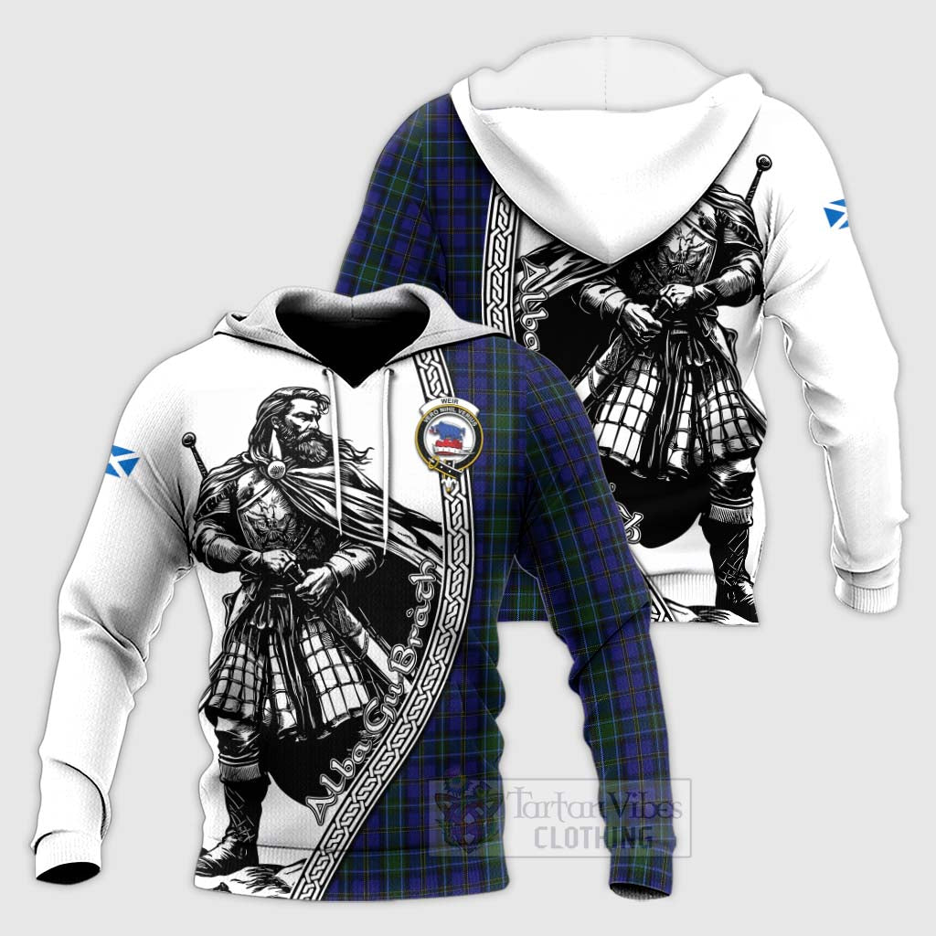 Tartan Vibes Clothing Weir Tartan Clan Crest Knitted Hoodie with Highlander Warrior Celtic Style