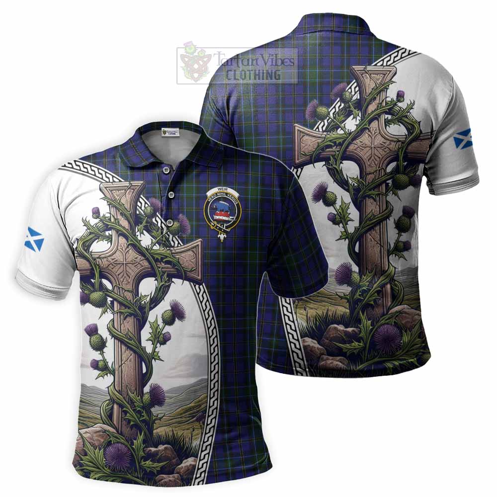 Tartan Vibes Clothing Weir Tartan Polo Shirt with Family Crest and St. Andrew's Cross Accented by Thistle Vines