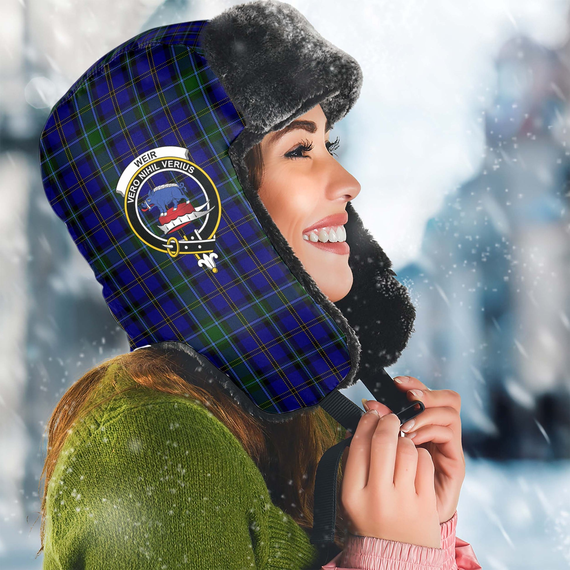 Weir Tartan Winter Trapper Hat with Family Crest Winter Trapper Hat Universal Fit Circumference 22.8in (58cm) - Tartanvibesclothing