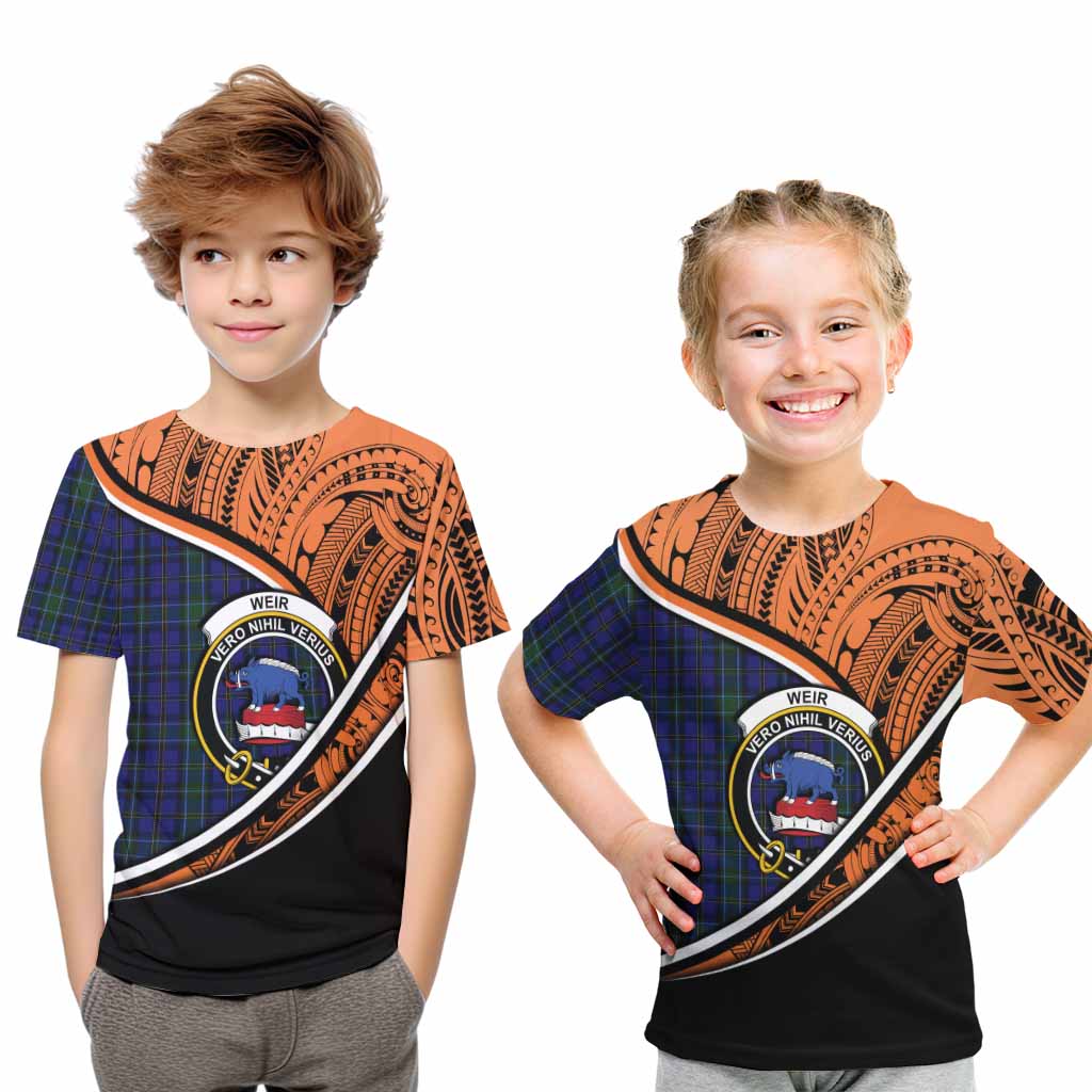 Tartan Vibes Clothing Weir Crest Tartan Kid T-Shirt with Maori Tattoo Style - Orange Version