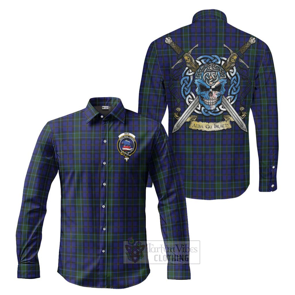 Tartan Vibes Clothing Weir Tartan Long Sleeve Button Shirt with Family Crest Celtic Skull Style