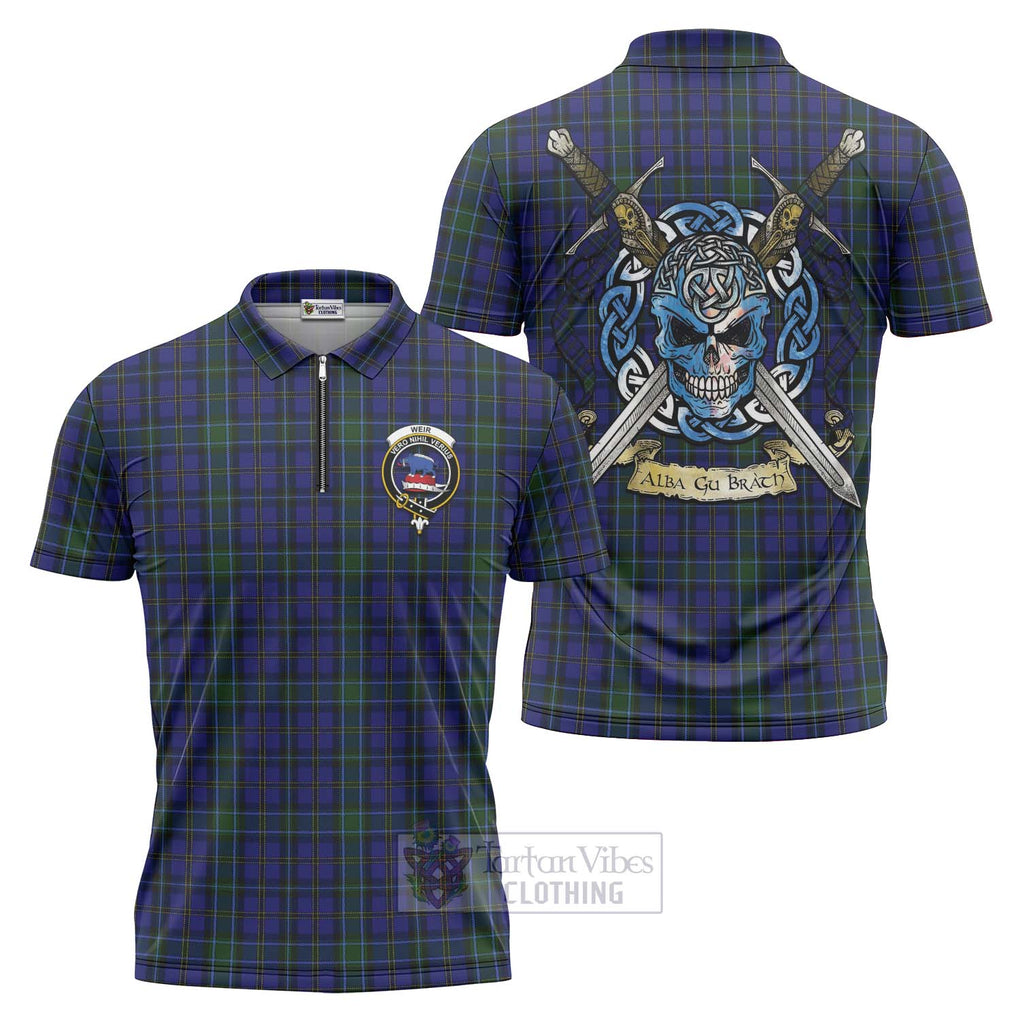 Tartan Vibes Clothing Weir Tartan Zipper Polo Shirt with Family Crest Celtic Skull Style