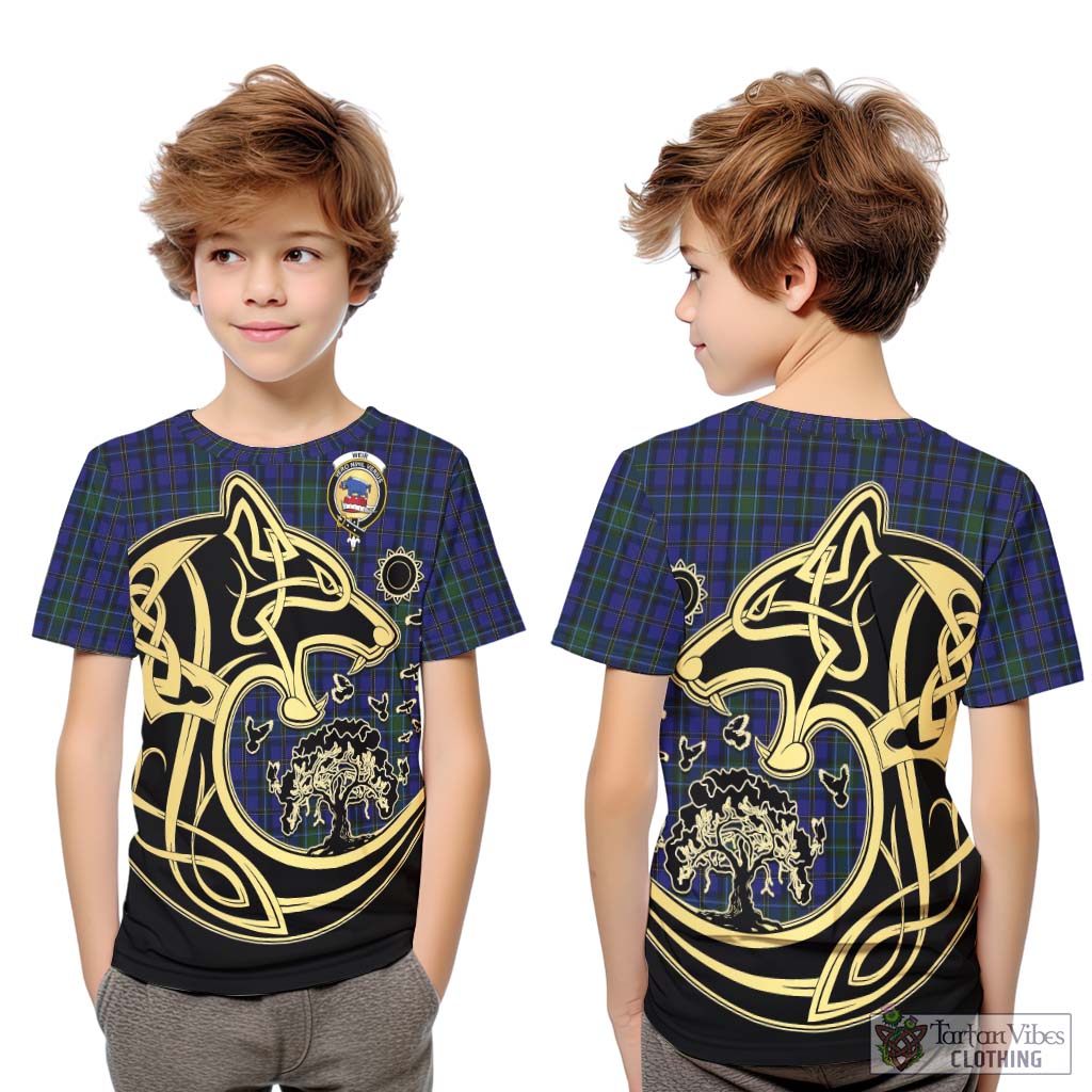 Tartan Vibes Clothing Weir Tartan Kid T-Shirt with Family Crest Celtic Wolf Style