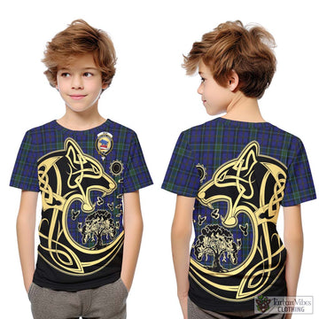 Weir Tartan Kid T-Shirt with Family Crest Celtic Wolf Style