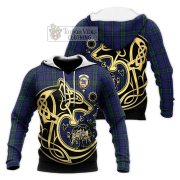 Weir Tartan Knitted Hoodie with Family Crest Celtic Wolf Style