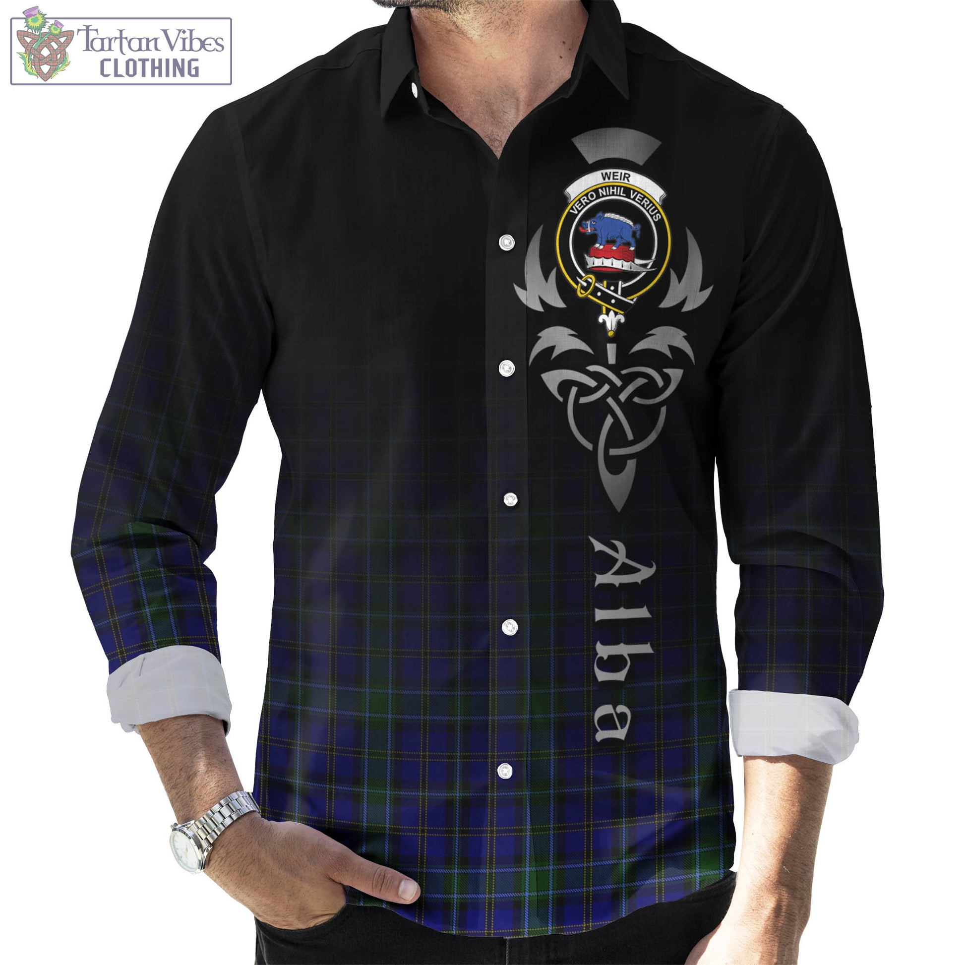 Tartan Vibes Clothing Weir Tartan Long Sleeve Button Up Featuring Alba Gu Brath Family Crest Celtic Inspired