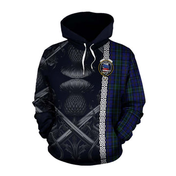 Weir Tartan Cotton Hoodie with Family Crest Cross Sword Thistle Celtic Vibes