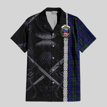 Weir Tartan Short Sleeve Button Shirt with Family Crest Cross Sword Thistle Celtic Vibes