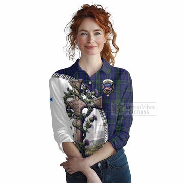 Weir Tartan Women's Casual Shirt with Family Crest and St. Andrew's Cross Accented by Thistle Vines